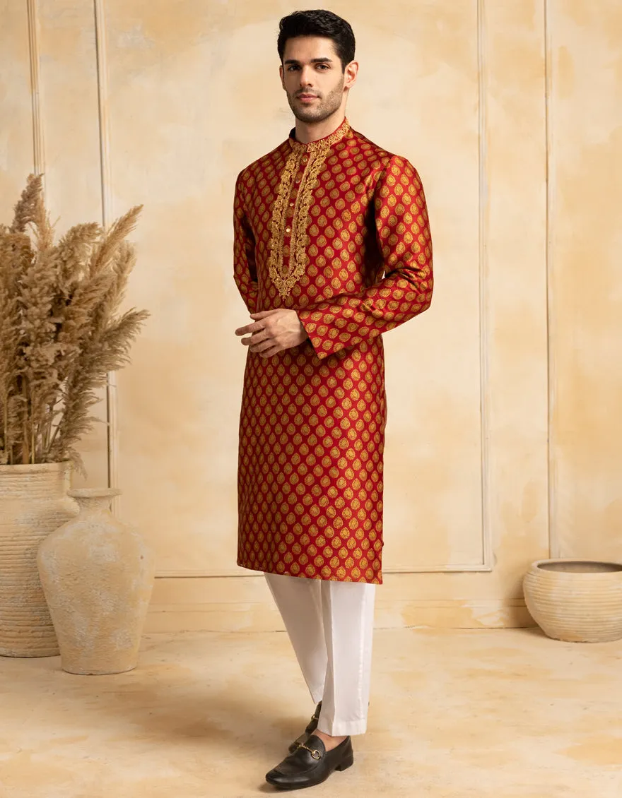 RED SPECIAL BLENDED KURTA | JJK-SP-A-48219/S25/JJ10013-FL sold by Junaid Jamshed