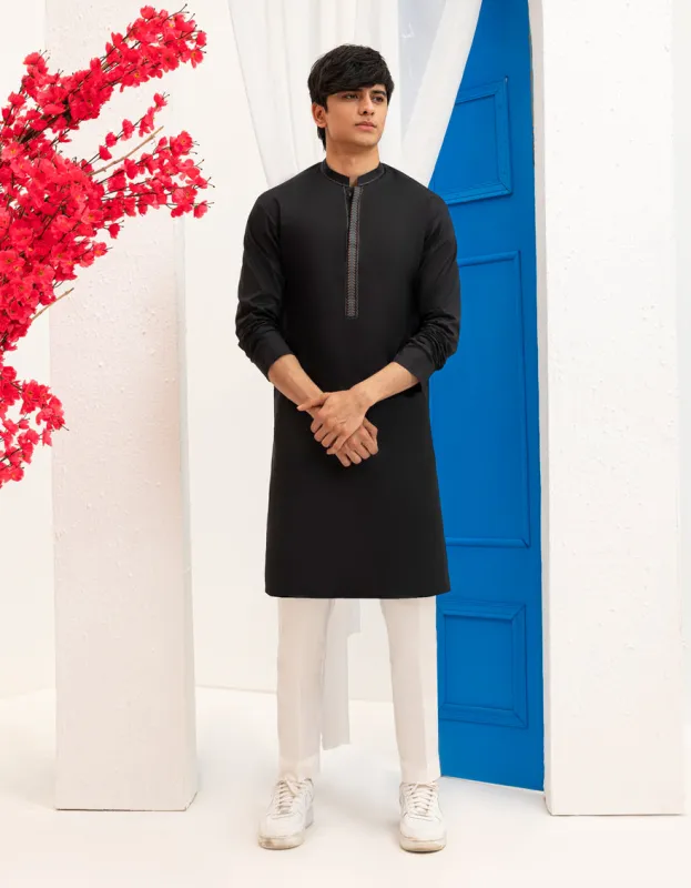 BLACK COTTON KURTA | JTK-A-46593/S25/JJ9777-SF sold by Junaid Jamshed