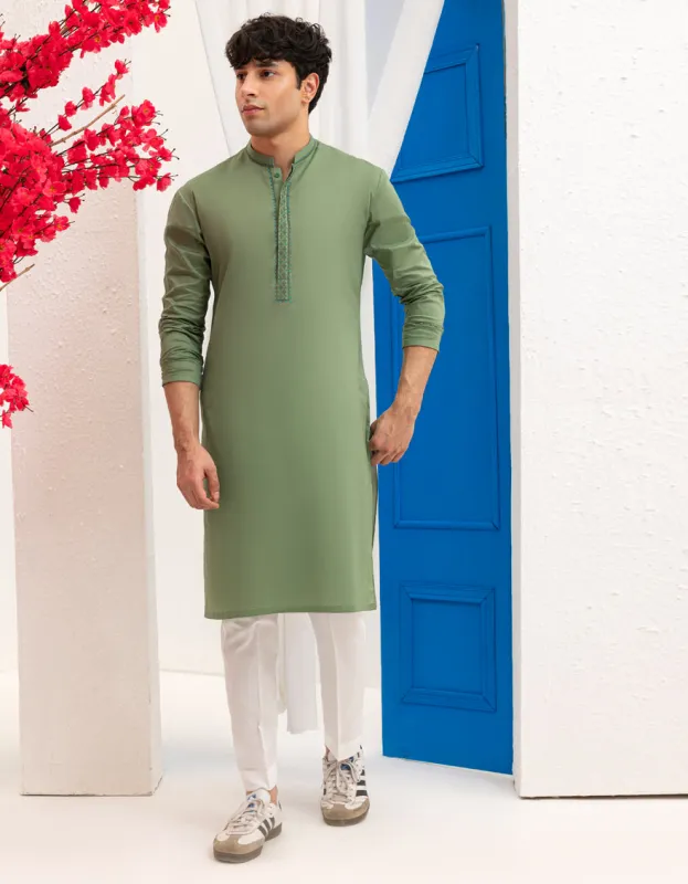 GREEN COTTON KURTA | JTK-A-46594/S25/JJ9777-SF made by Junaid Jamshed