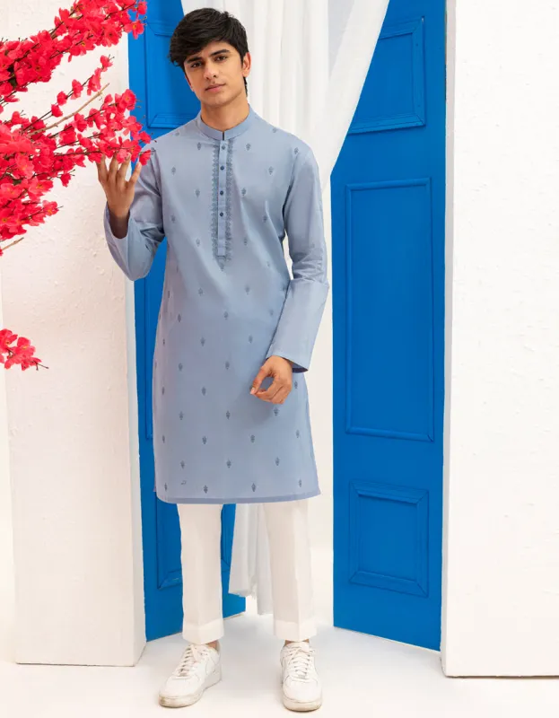 BLUE COTTON KURTA | JTK-S-46595/S25/JJ9777-SF sold by Junaid Jamshed