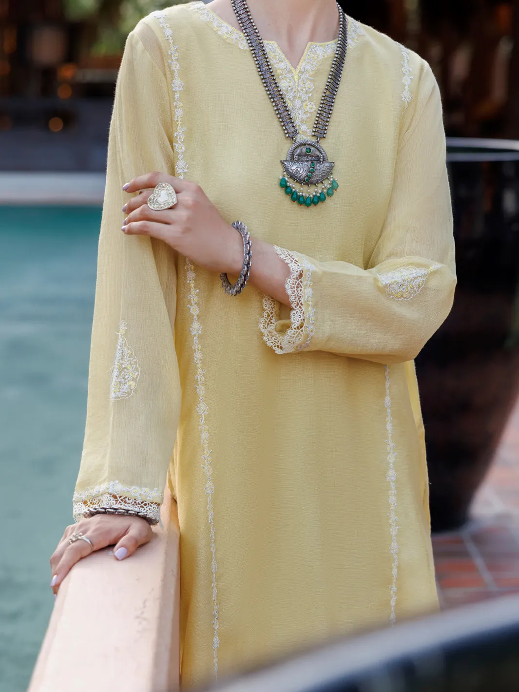 YELLOW KHADDI NET KURTI | AL-LK-1037/AM-3146D sold by Junaid Jamshed product image thumbnail 3