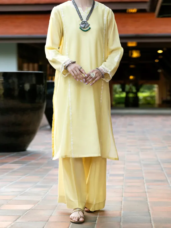 YELLOW KHADDI NET KURTI | AL-LK-1037/AM-3146D sold by Junaid Jamshed
