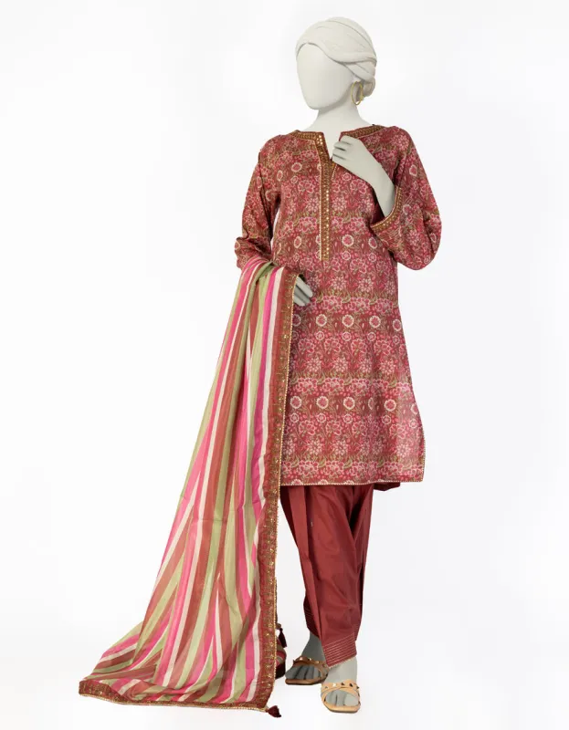 MAROON LAWN 3PC STITCHED | JLAWN-S-25-073/S LIN sold by Junaid Jamshed