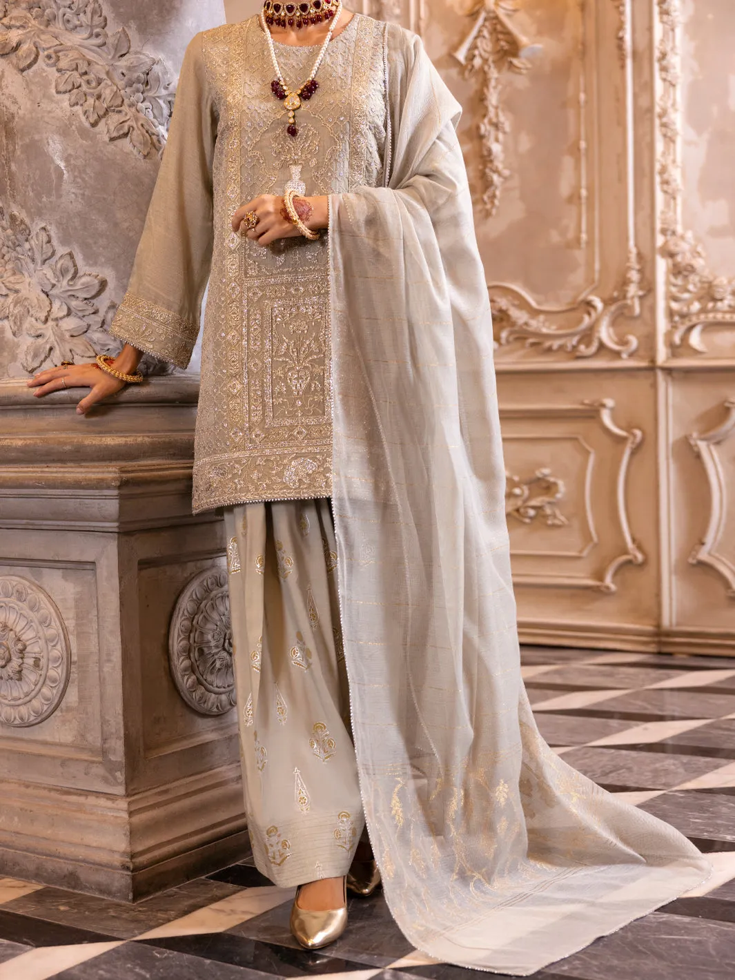 PISTACHIO GREEN MESURI NET 3PC STITCHED | AL-3PS-LS-512/AM-301 sold by Junaid Jamshed