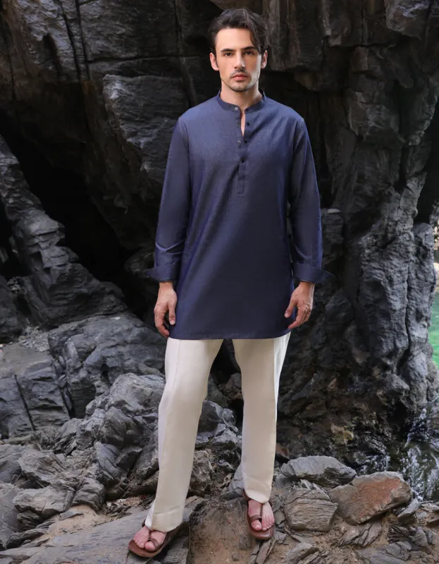 DENIM BLUE BLENDED SHORT KURTA | JJSHK-A-47413/S25/JJ sold by Junaid Jamshed