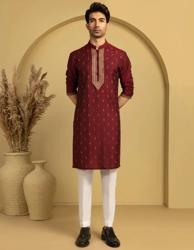 MAROON BLENDED SPECIAL KURTA | JJK-SP-A-50064/S25/J sold by Junaid Jamshed
