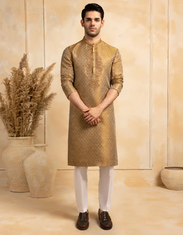 GOLD BLENDED SPECIAL KURTA | JJK-SP-A-50147/S25/J sold by Junaid Jamshed