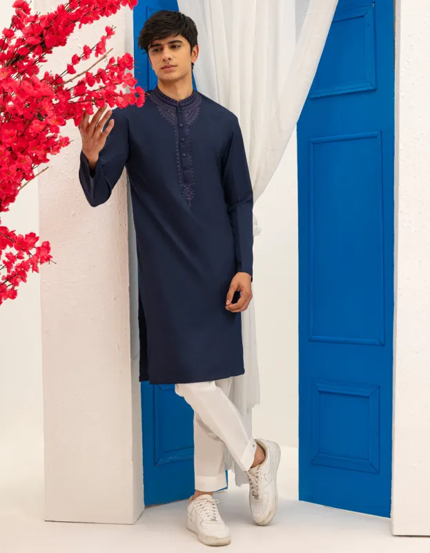 NAVY BLUE BLENDED SPECIAL KURTA | JTK-SP-A-45529/S25/J sold by Junaid Jamshed