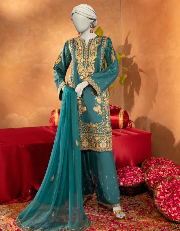 GREEN RAW SILK 3PC STITCHED | JJPW-S-JPS-25-3915 F sold by Junaid Jamshed