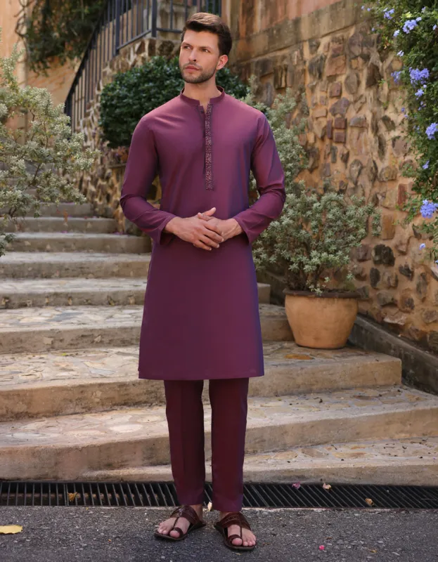 PLUM COTTON KURTA TROUSERS | JJKP-A-50040/S25/JJ9 sold by Junaid Jamshed