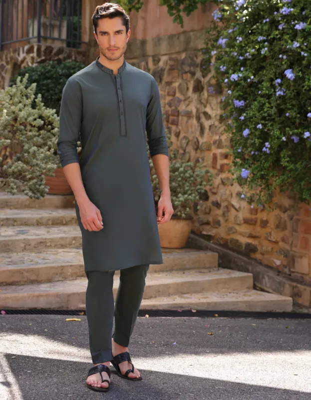 GREEN COTTON KURTA TROUSERS | JJKP-A-50057/S25/JJ9 sold by Junaid Jamshed