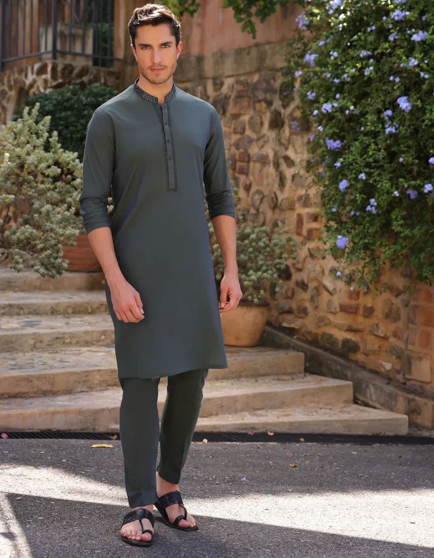 GREEN COTTON KURTA TROUSERS | JJKP-A-50057/S25/JJ9 sold by Junaid Jamshed
