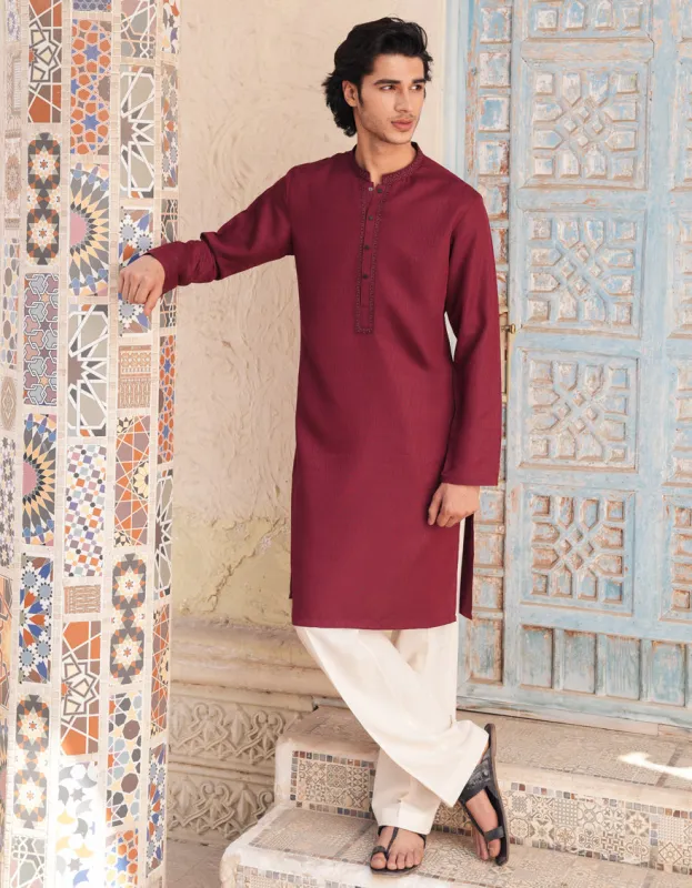 RED BLENDED KURTA | JJK-A-33299/S25/JJ93 sold by Junaid Jamshed