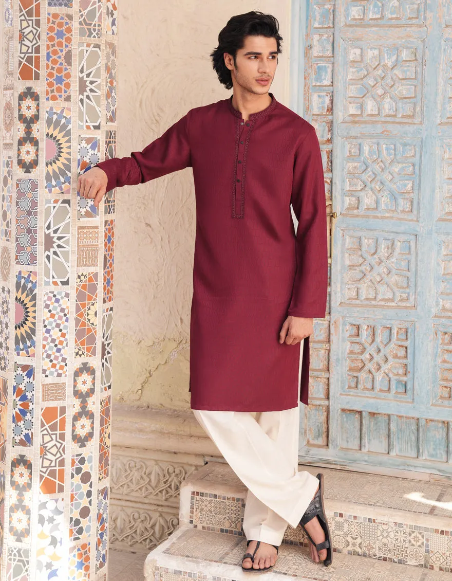 RED BLENDED KURTA | JJK-A-33299/S25/JJ93 sold by Junaid Jamshed