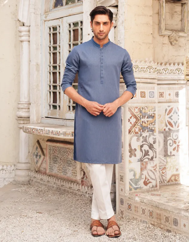 BLUE BLENDED KURTA | JJK-A-46661/S25/JJ94 sold by Junaid Jamshed