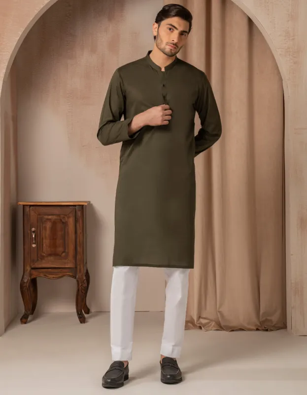 DARK GREEN COTTON KURTA | JJK-A-47473/S25/JJ93 sold by Junaid Jamshed