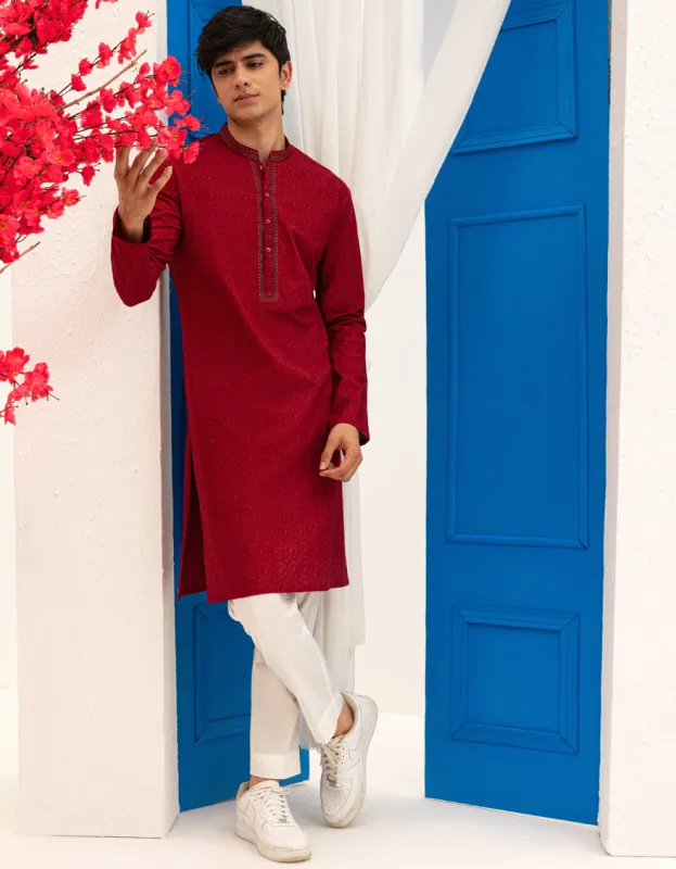 MAROON COTTON KURTA | JTK-A-46617/S25/JJ72 sold by Junaid Jamshed
