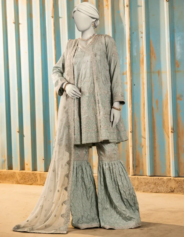 DEEP SEA GREEN RAW SILK 3PC STITCHED | JJPW-S-JPS-25-3974 FB/INARA-12 made by Junaid Jamshed