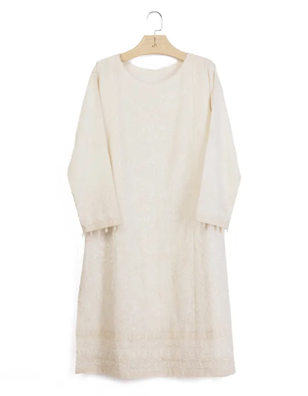 OFF WHITE COTTON NET KURTI | JJLK-S-JFS-25-220 FB sold by Junaid Jamshed