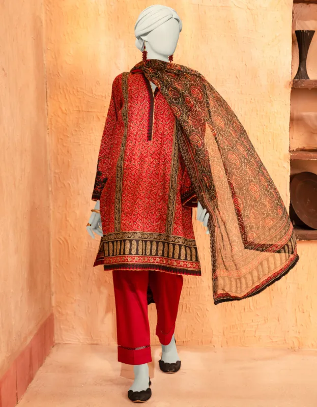 RED LAWN 3PC UNSTITCHED | JLAWN-S-25-913 AJRAK sold by Junaid Jamshed