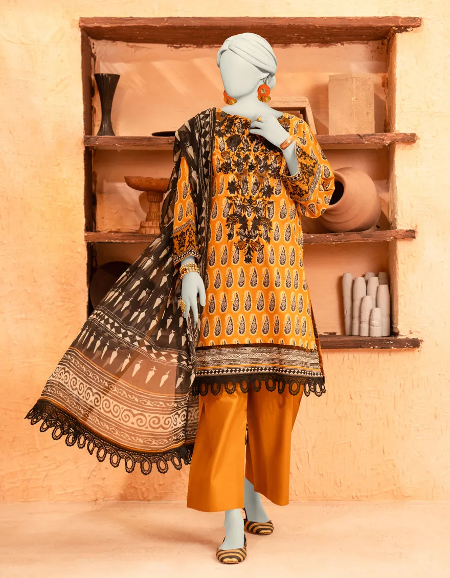 MUSTARD LAWN 3PC UNSTITCHED | JLAWN-S-25-916 AJRAK sold by Junaid Jamshed