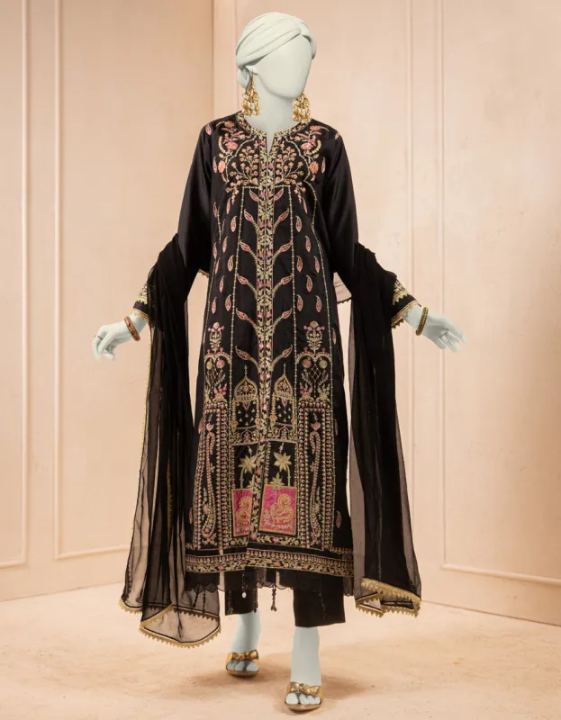 BLACK RAW SILK 3PC STITCHED | JJPW-S-JPS-25-3929 F sold by Junaid Jamshed