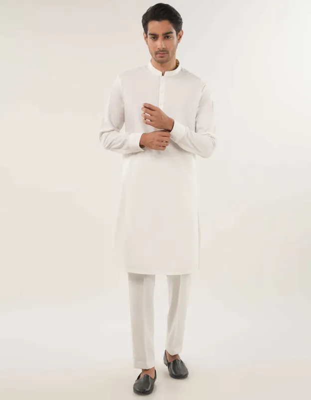 WHITE BLENDED KURTA TROUSERS | JJKP-A-47502-AP/S25/JJ9737-PN sold by Junaid Jamshed