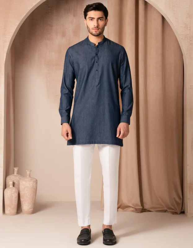 DENIM BLUE COTTON SHORT KURTA | JJTHLK-A-47480/S25/JJ10220-CL sold by Junaid Jamshed