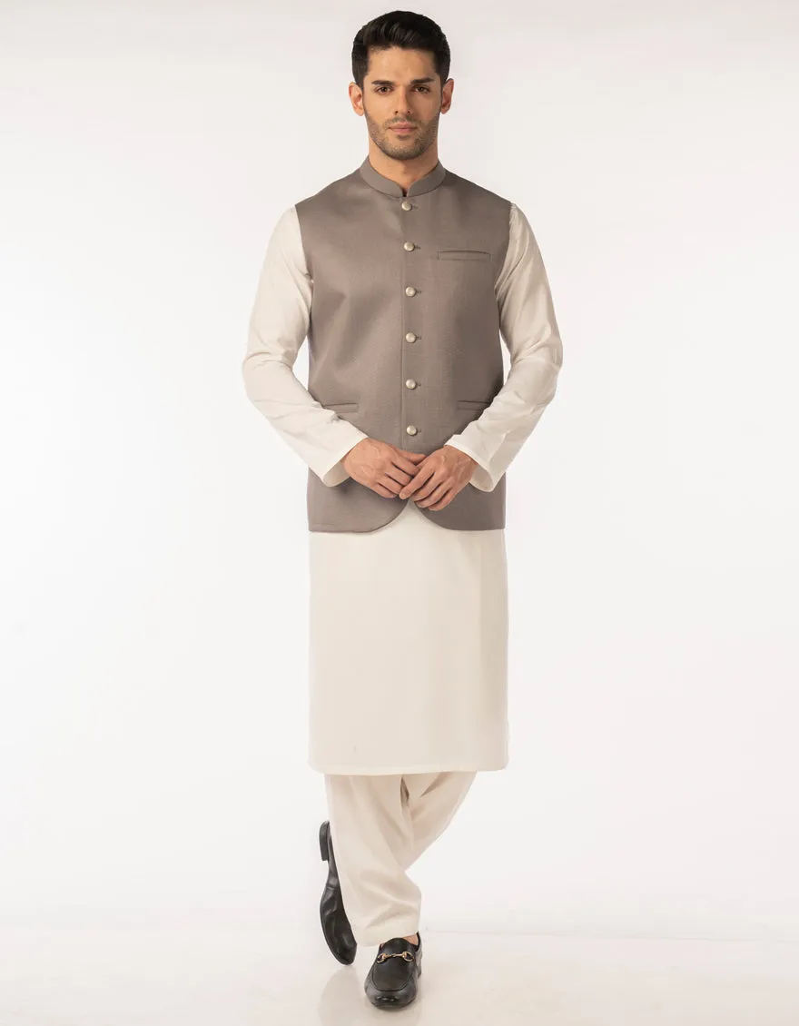 STONE GREY SUITING WAISTCOAT | JJVC-A-48240/S25/JJ10125-PN sold by Junaid Jamshed