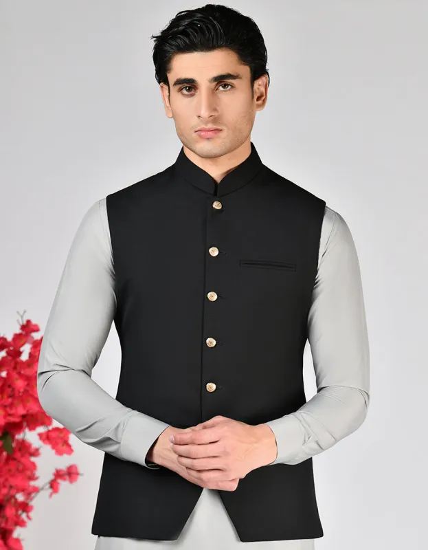 BLACK SUITING WAISTCOAT | JJVC-A-50241/S25/JJ10142-PN sold by Junaid Jamshed