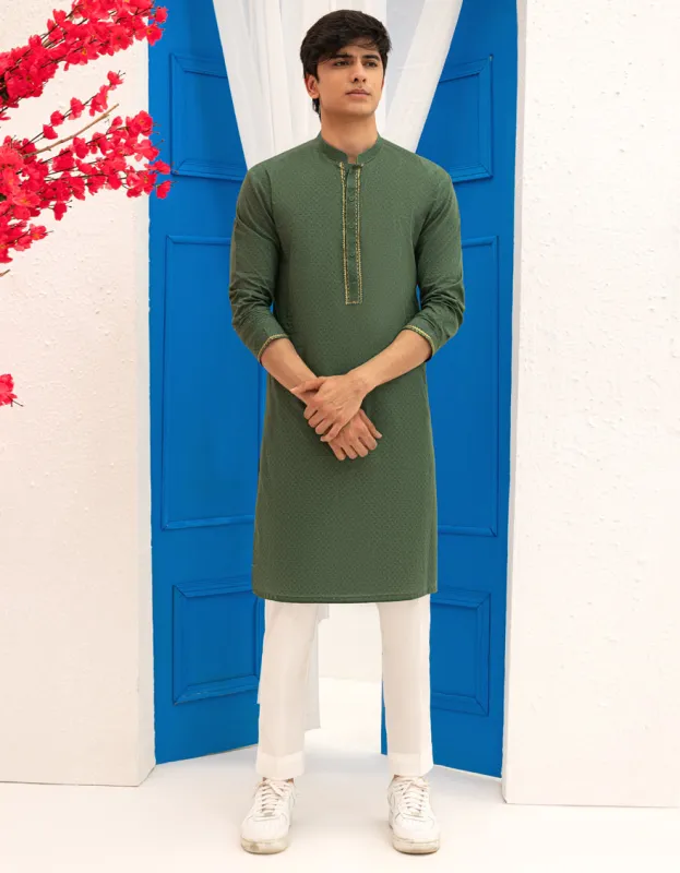 GREEN COTTON KURTA | JTK-S-50134/S25/JJ97 sold by Junaid Jamshed