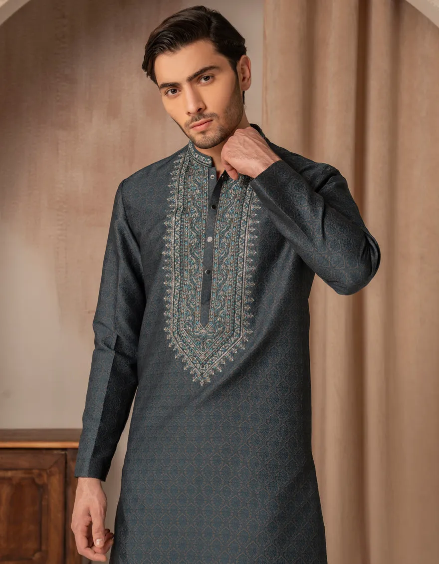TEAL BLENDED SPECIAL KURTA | JJK-SP-A-50132/S25/J sold by Junaid Jamshed product image thumbnail 2