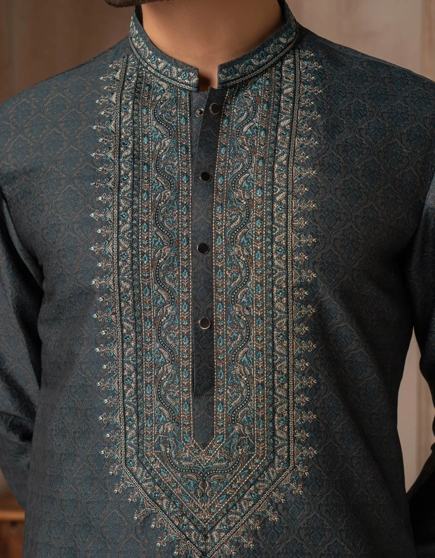 TEAL BLENDED SPECIAL KURTA | JJK-SP-A-50132/S25/J sold by Junaid Jamshed product image thumbnail 3