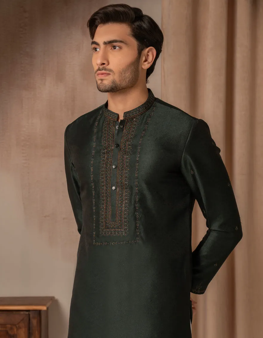 EMERALD GREEN BLENDED SPECIAL KURTA | JJK-SP-A-50269/S25/JJ10162-FL sold by Junaid Jamshed product image thumbnail 4