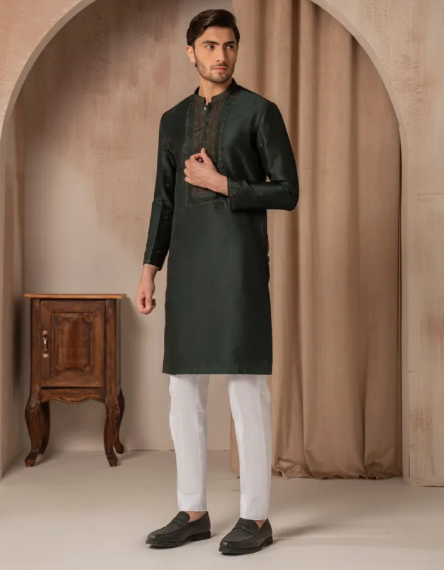 EMERALD GREEN BLENDED SPECIAL KURTA | JJK-SP-A-50269/S25/JJ10162-FL sold by Junaid Jamshed
