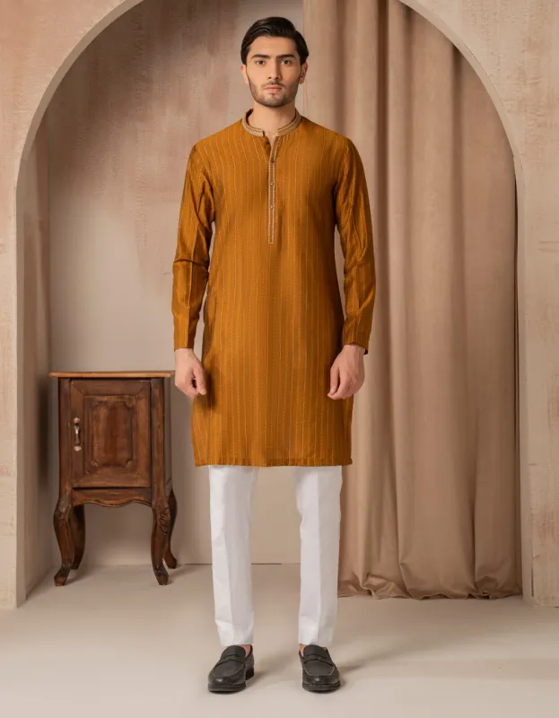 OCHRE BLENDED SPECIAL KURTA | JJK-SP-A-50274/S25/JJ10050-FL sold by Junaid Jamshed