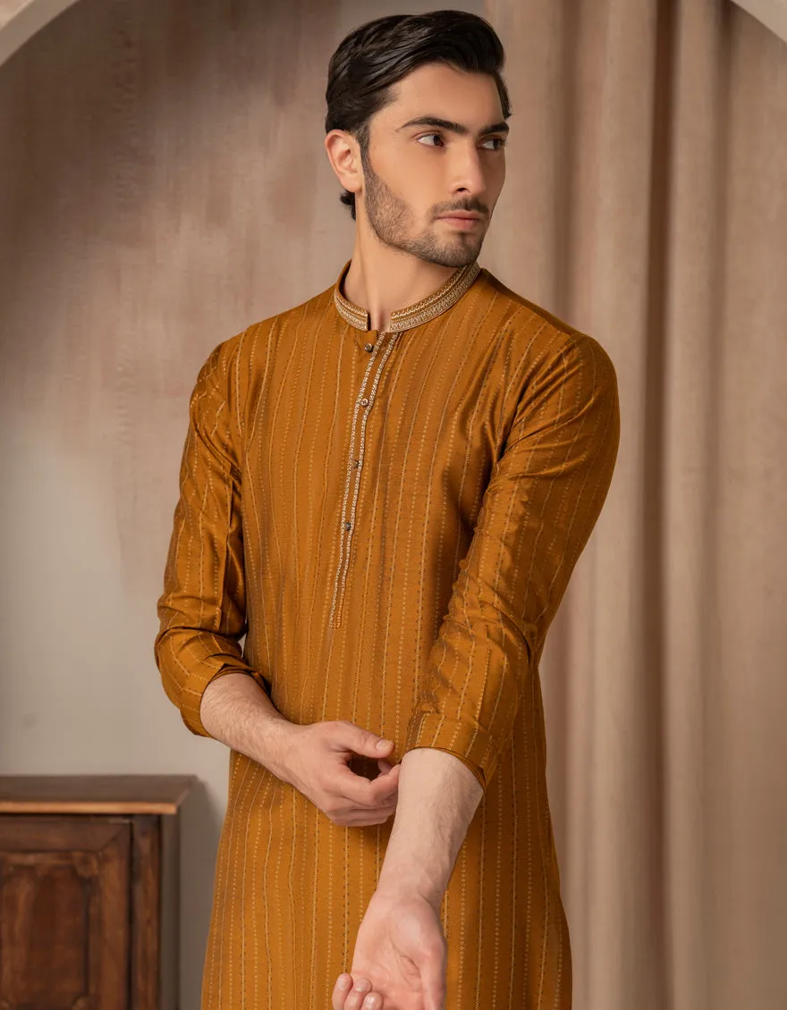 OCHRE BLENDED SPECIAL KURTA | JJK-SP-A-50274/S25/JJ10050-FL sold by Junaid Jamshed product image thumbnail 2