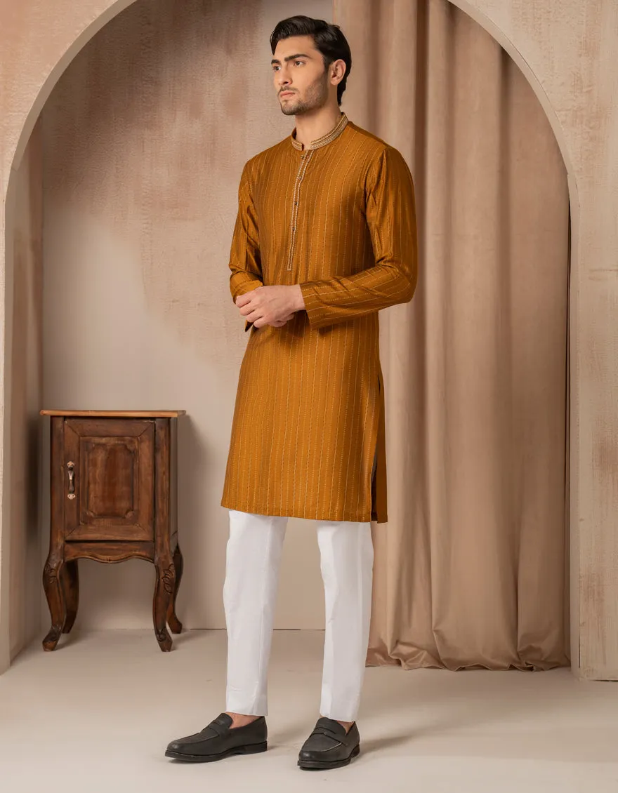OCHRE BLENDED SPECIAL KURTA | JJK-SP-A-50274/S25/JJ10050-FL sold by Junaid Jamshed product image thumbnail 3