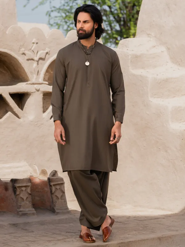 OLIVE GREEN BLENDED KAMEEZ SHALWAR | AL-KS-3181/AM-6290A sold by Junaid Jamshed
