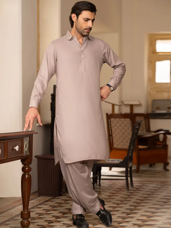LIGHT BROWN BLENDED KAMEEZ SHALWAR | ALWA-KS-529/AM-6289B sold by Junaid Jamshed