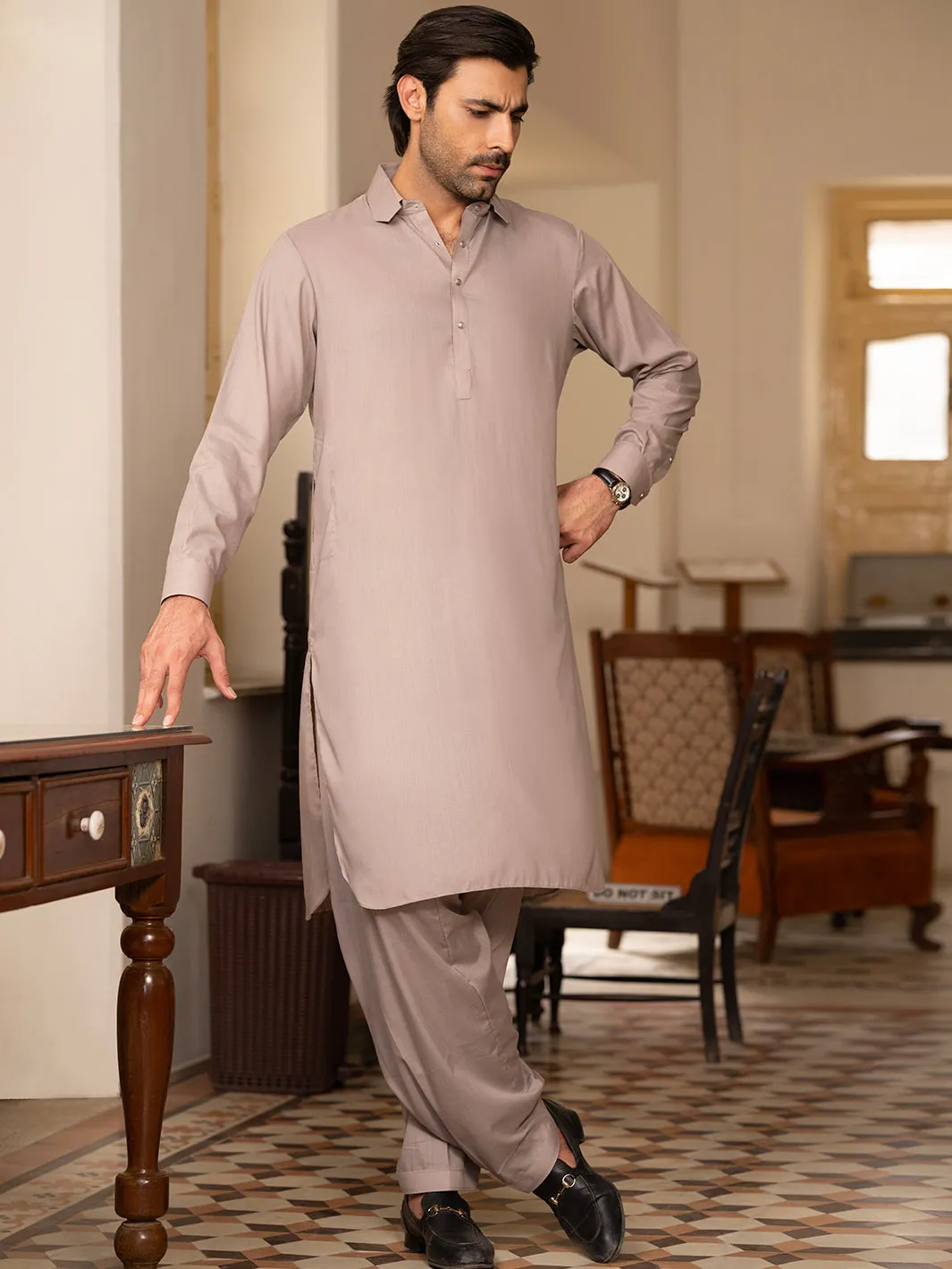 LIGHT BROWN BLENDED KAMEEZ SHALWAR | ALWA-KS-529/AM-6289B sold by Junaid Jamshed
