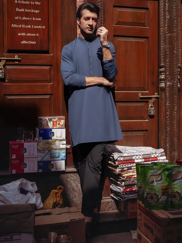 NAVY BLUE BLENDED KURTA | AL-K-1263/AM-6315D sold by Junaid Jamshed