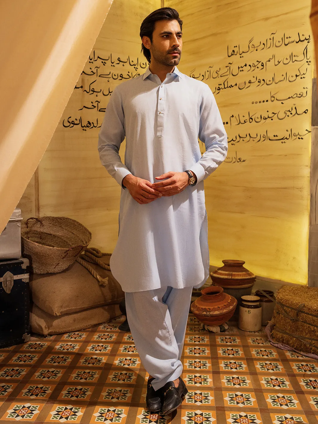SKY BLUE BLENDED KAMEEZ SHALWAR | ALWA-KS-527/AM-6294C sold by Junaid Jamshed