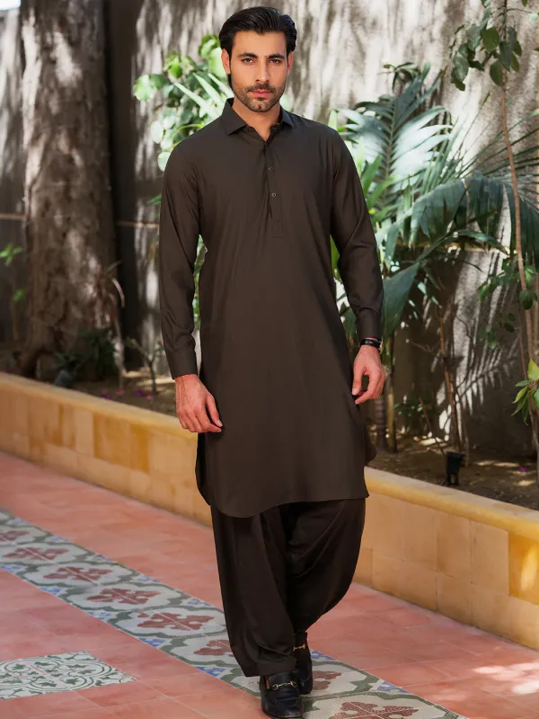 OLIVE GREEN BLENDED KAMEEZ SHALWAR | ALWA-KS-530/AM-6289D sold by Junaid Jamshed
