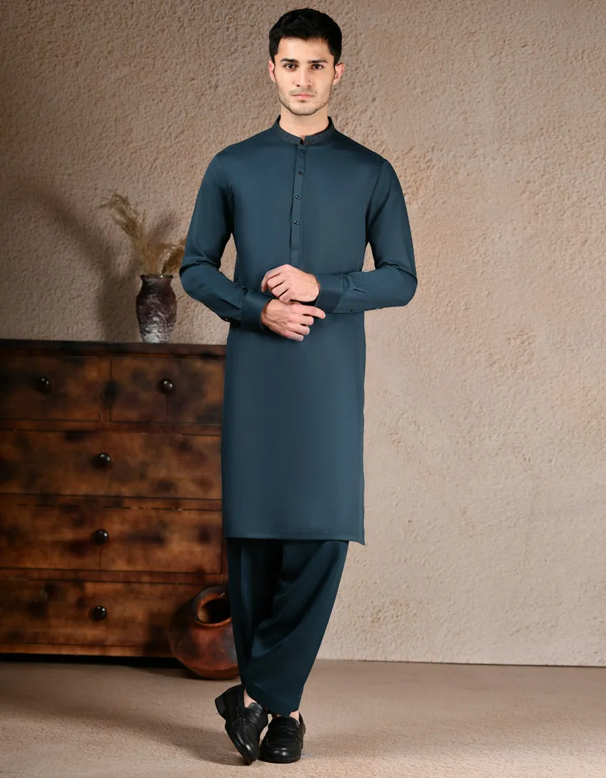 DARK GREEN BLENDED KURTA TROUSERS | JJKP-A-33270/S25/JJ9579-SF sold by Junaid Jamshed