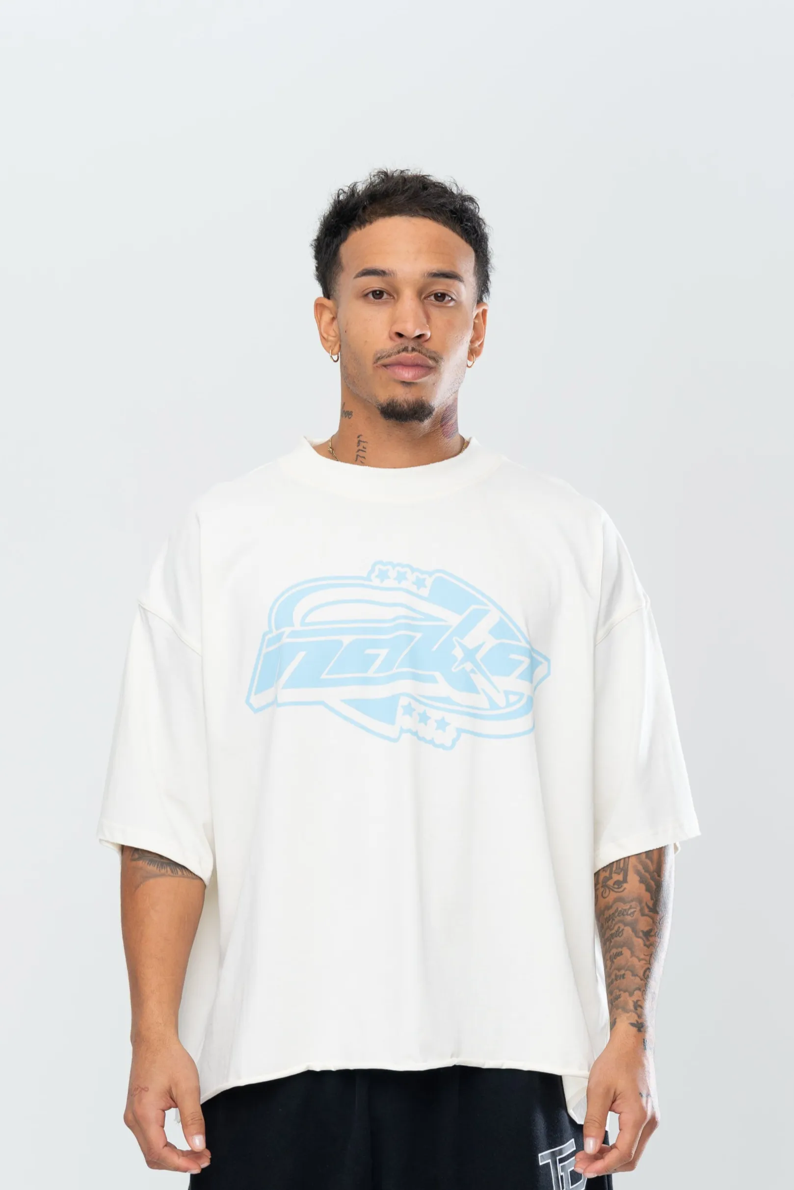 CYBERISTIX CROPPED TEE - CREAM/BLUE sold by Inaka power