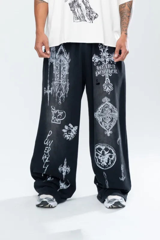CRUCIFIX DISTRESSED BAGGY SWEATPANTS - BLACK sold by Inaka power
