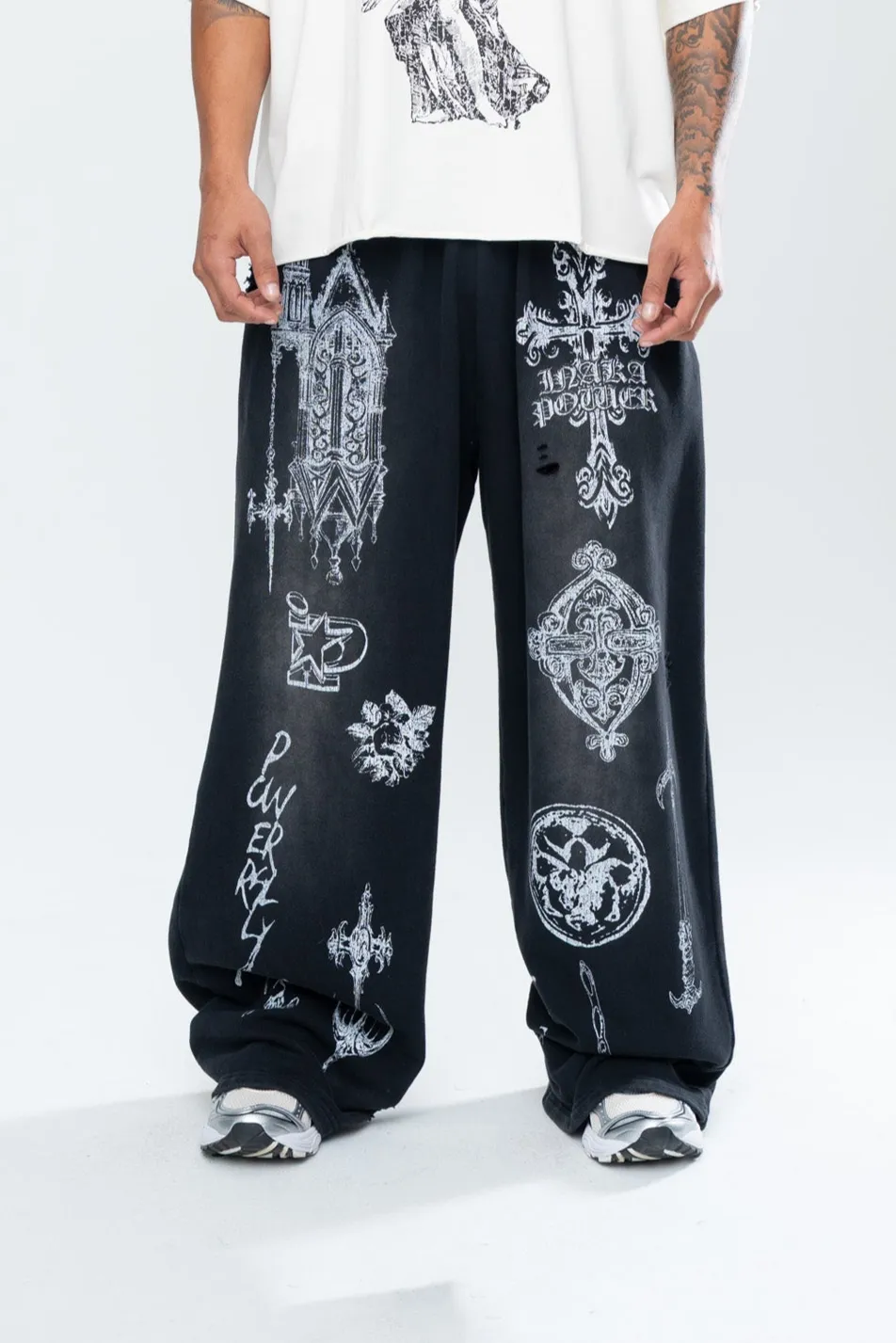 CRUCIFIX DISTRESSED BAGGY SWEATPANTS - BLACK sold by Inaka power