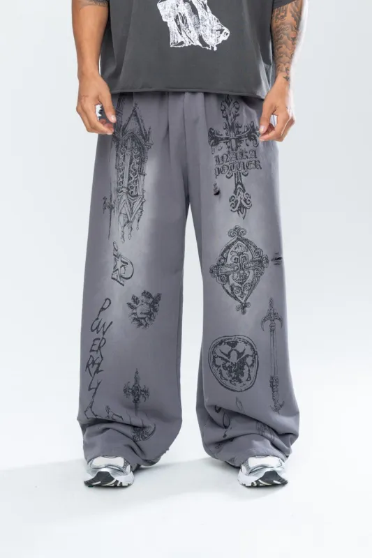 CRUCIFIX DISTRESSED BAGGY SWEATPANTS - GRAY sold by Inaka power