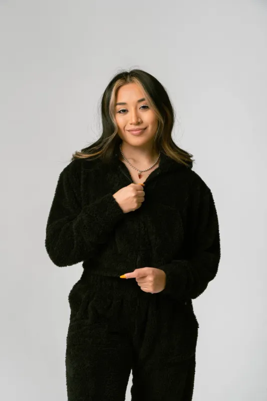 Teddy Fleece Crop Zip Hoodie - Black sold by Inaka power